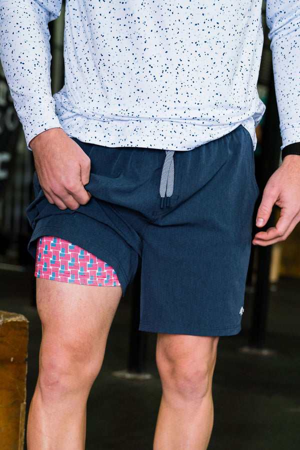 Burlebo Athletic Shorts - Heather Navy - American Flag Liner