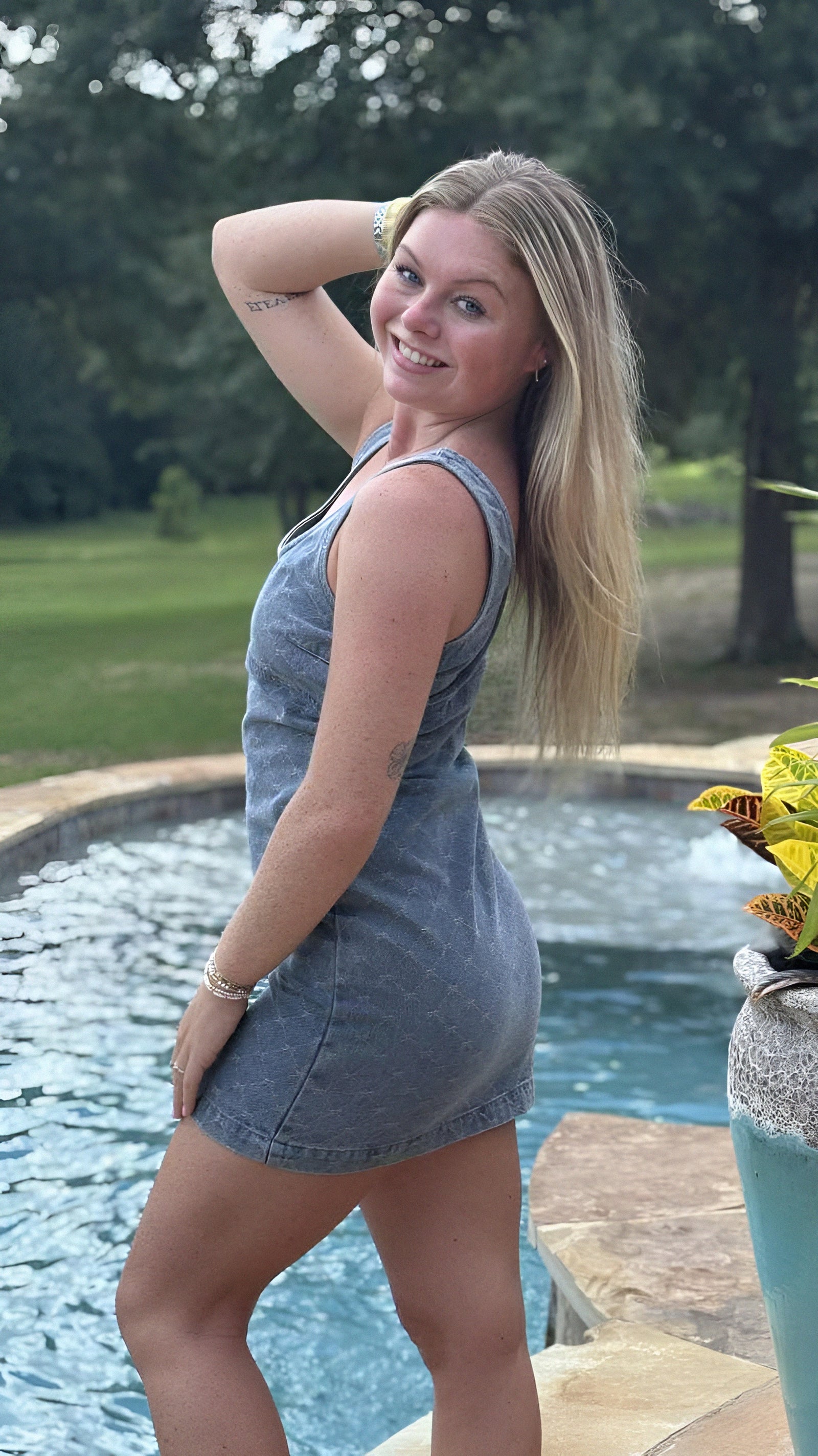 Sleeveless Denim Dress with Bow Detail