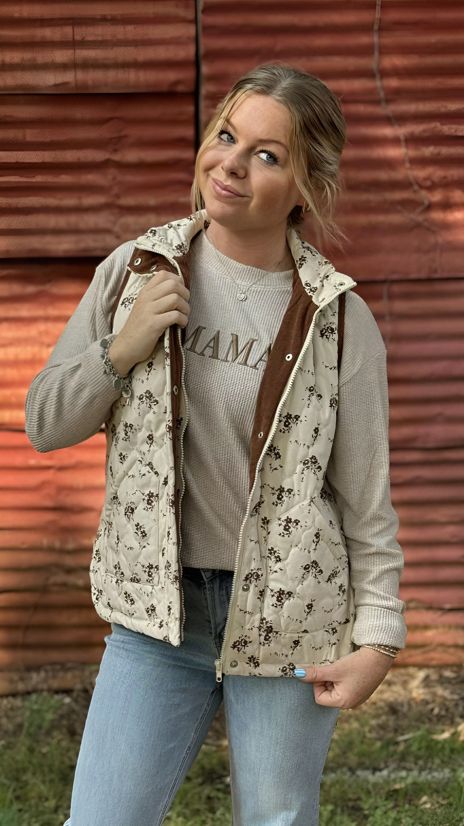 Floral Print Quilted Zip Up Vest