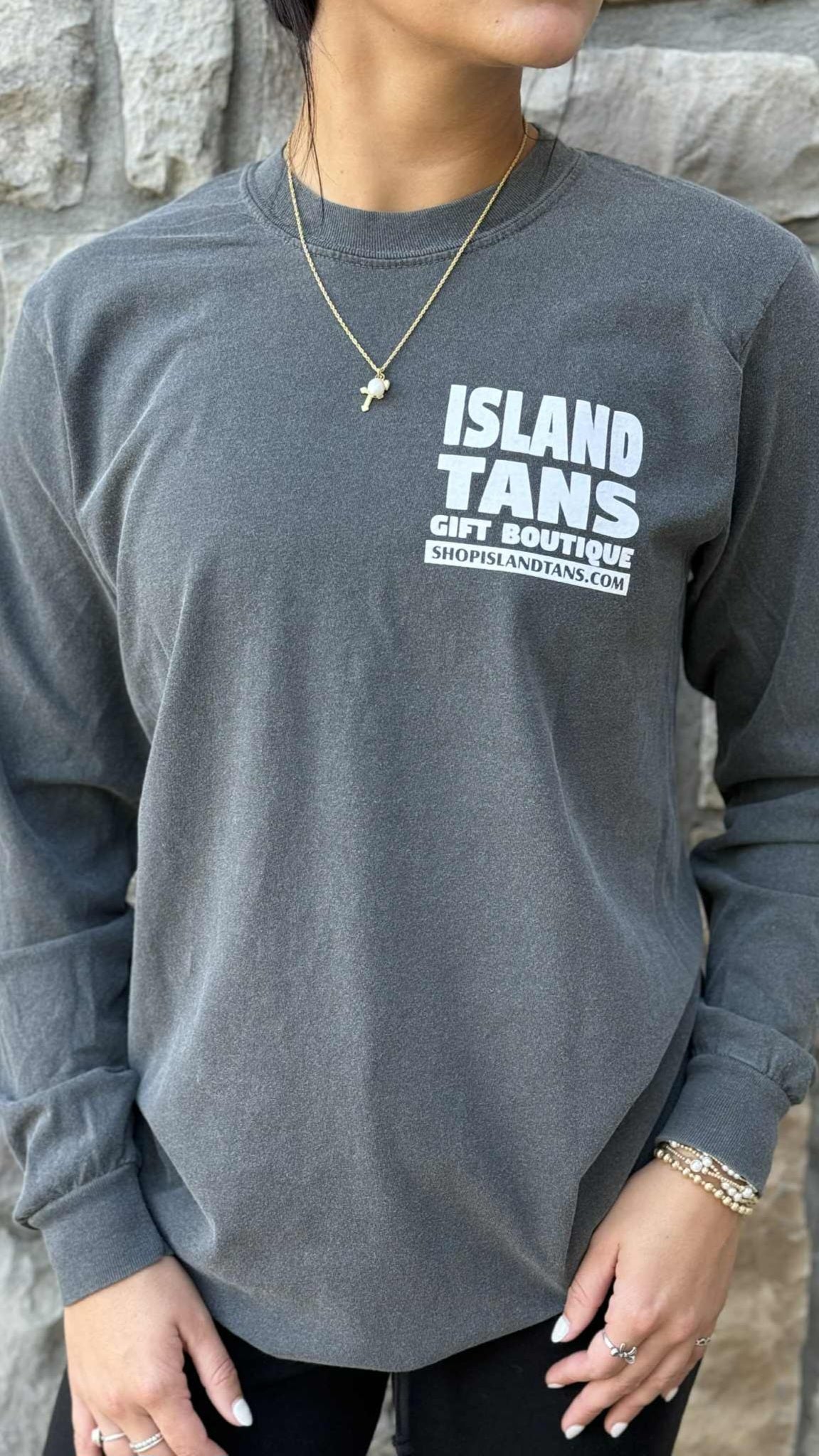 Island Tans Logo Tee- LS Pepper Grey with White