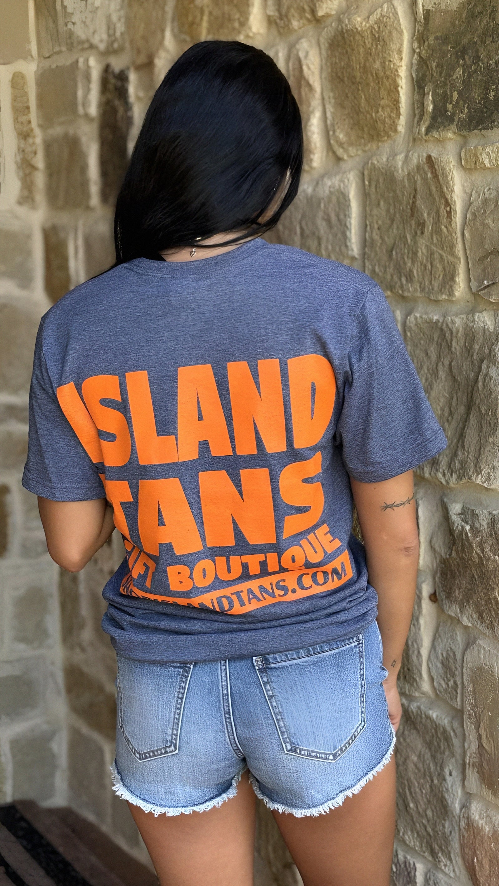 Island Tans Logo Tee- Heather Blue with Orange