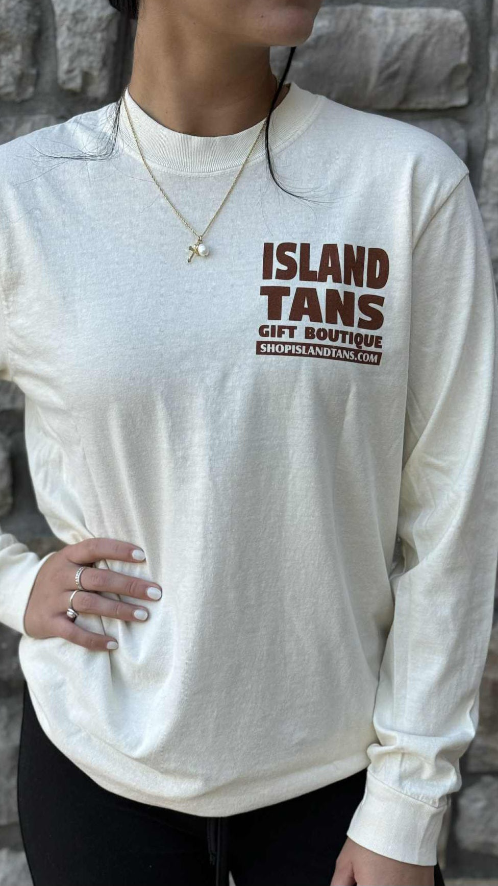 Island Tans Logo Tee- LS Ivory with Brown