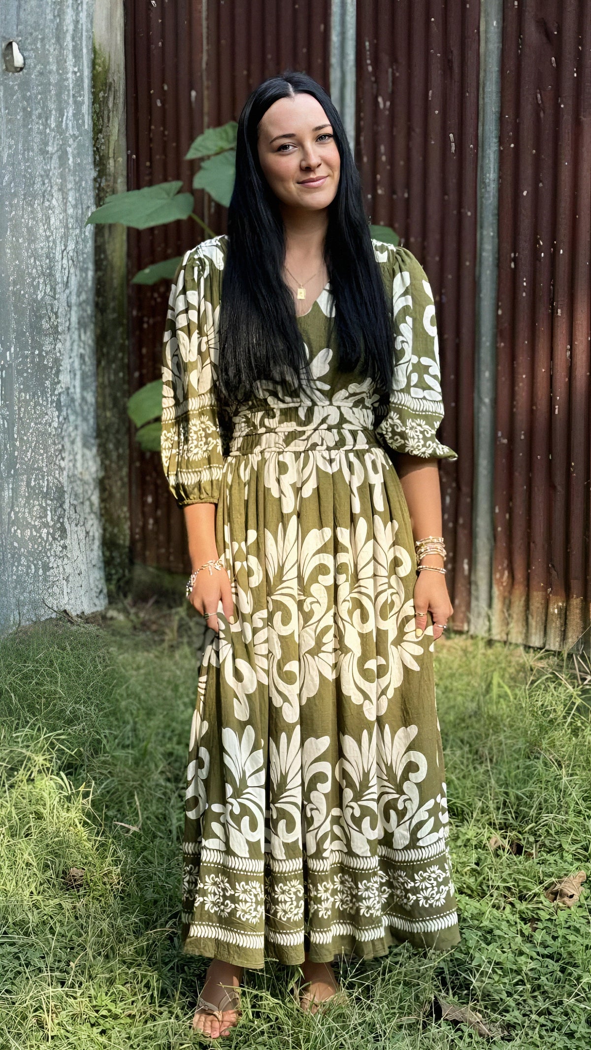 Olive Woven Midi Dress With Pockets