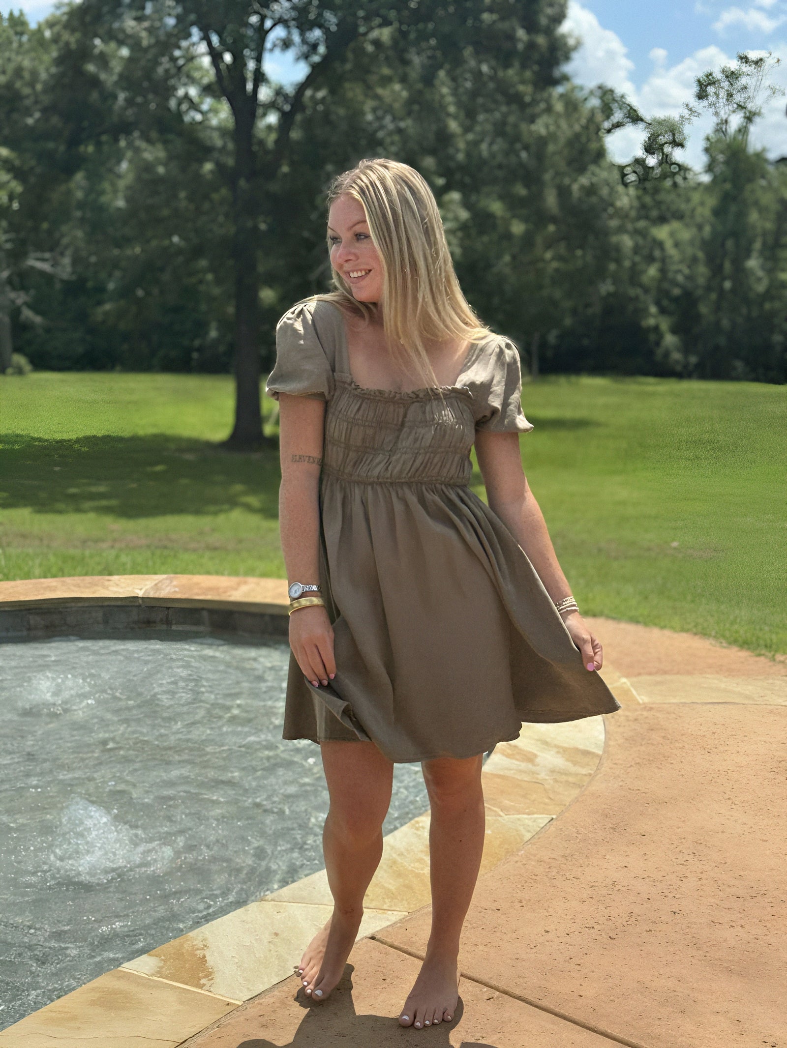 Mocked Short Sleeve Mini Dress in Mocha