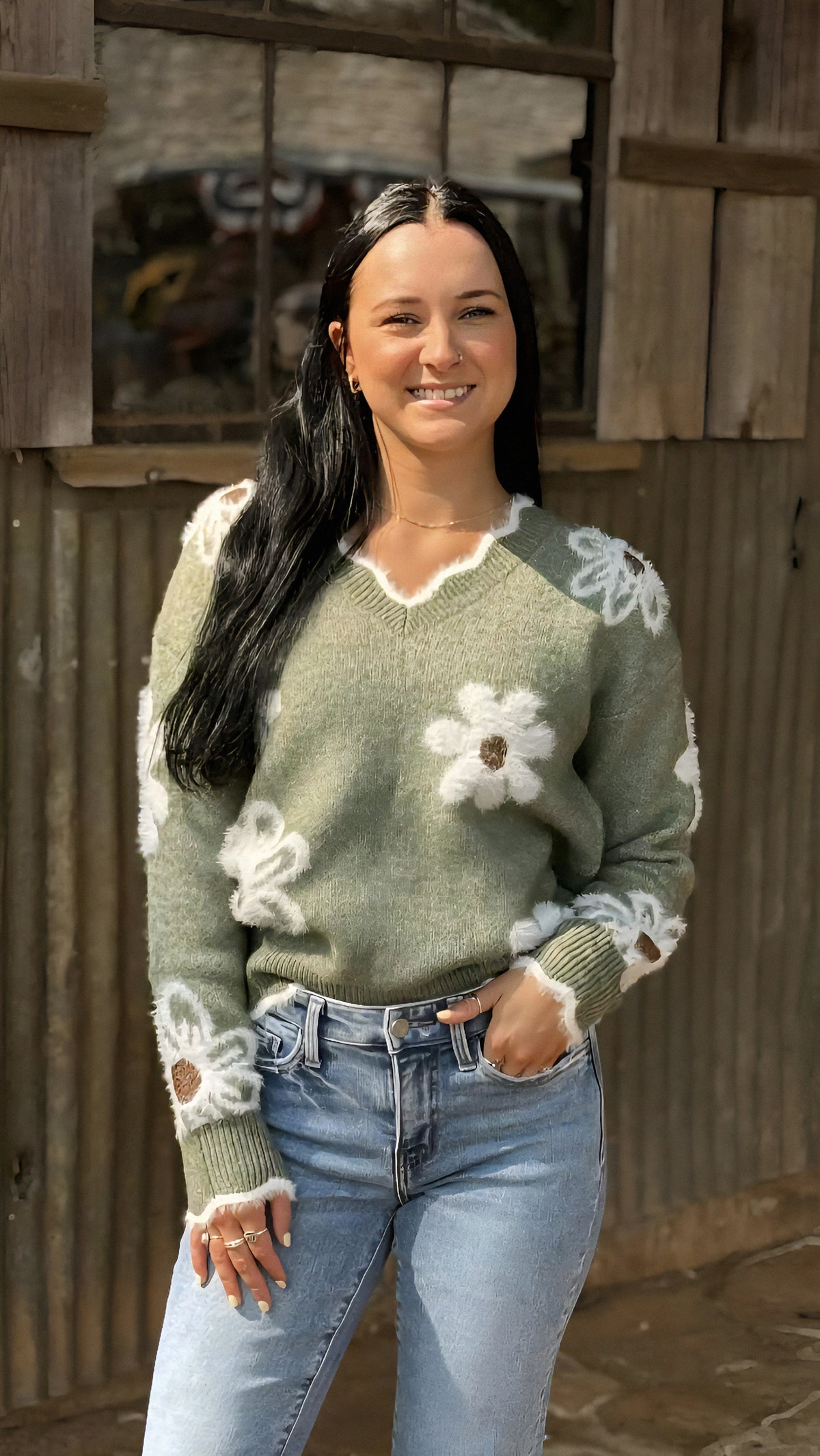 Jacquard Flower V-Neck Sweater