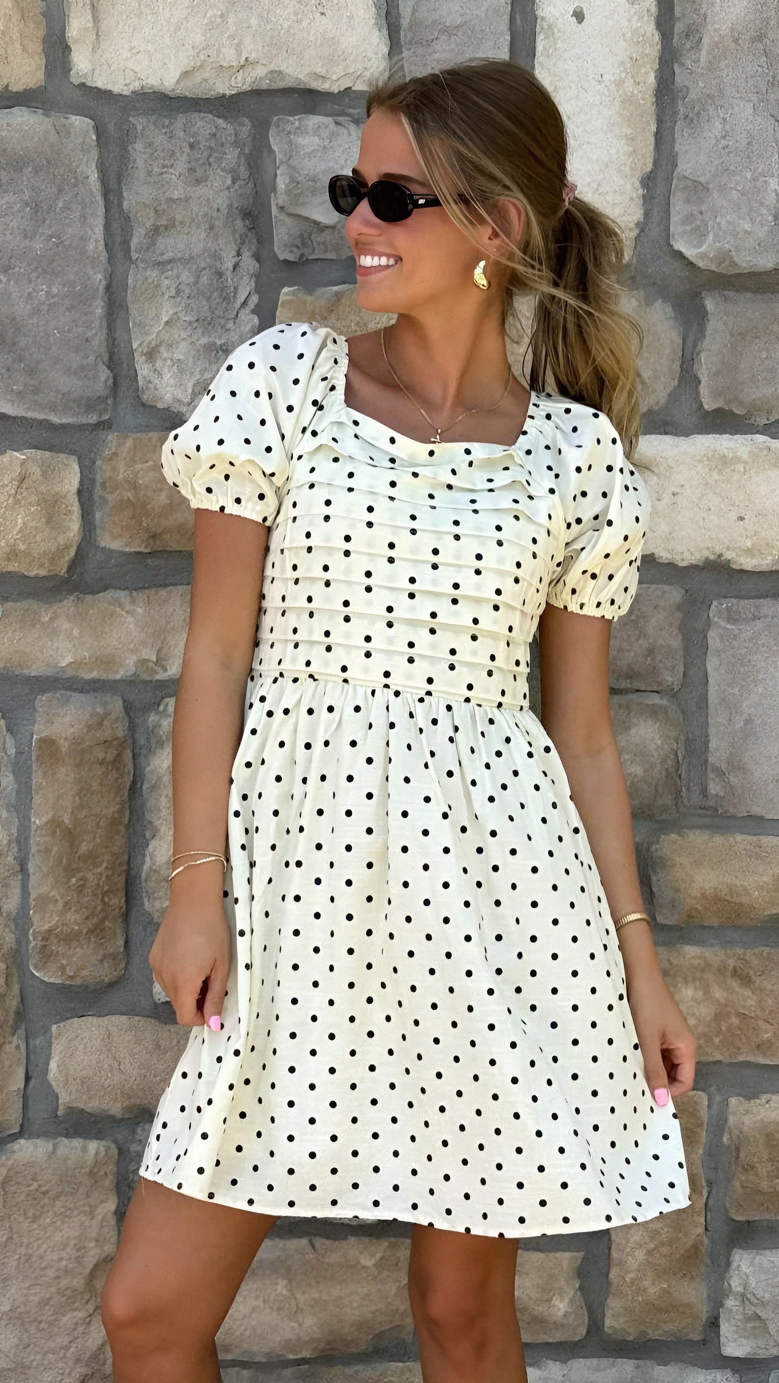 Pleated Woven Dress with Polka Dots
