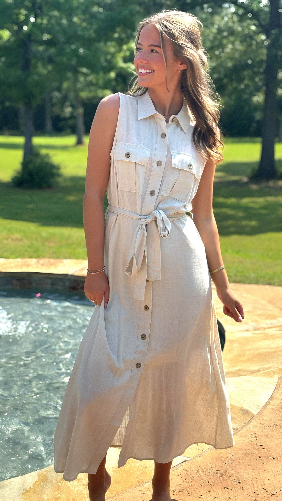 Sleeveless Colored Button Down Midi Dress in 2 Colors