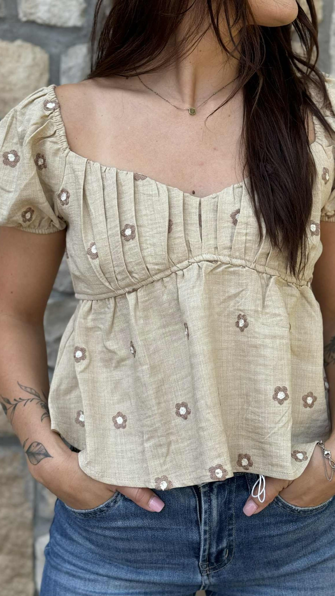 Embroidered Daisy Pleated Blouse