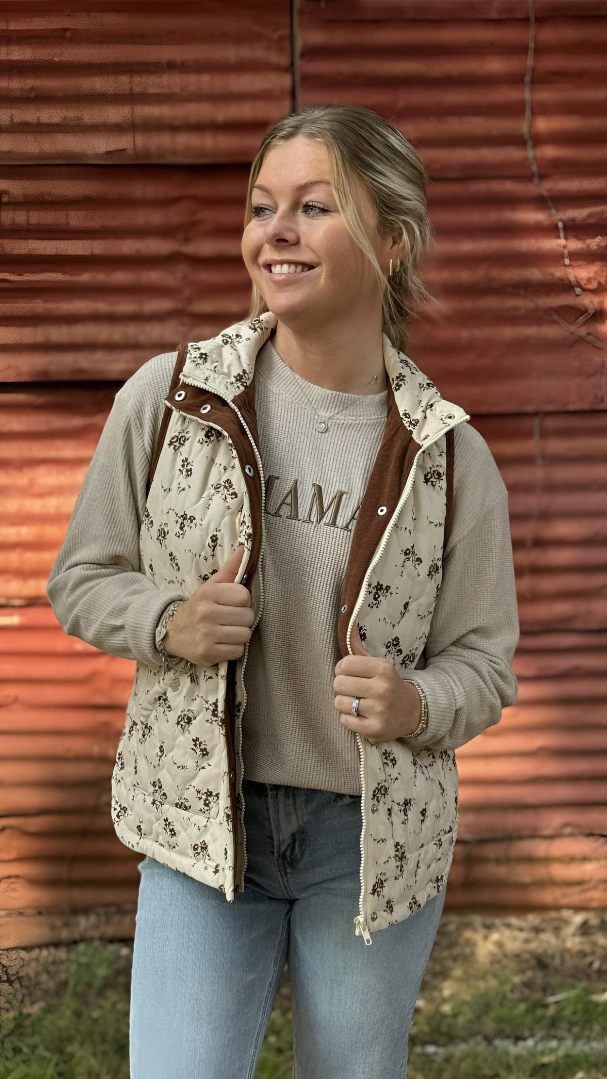 Floral Print Quilted Zip Up Vest